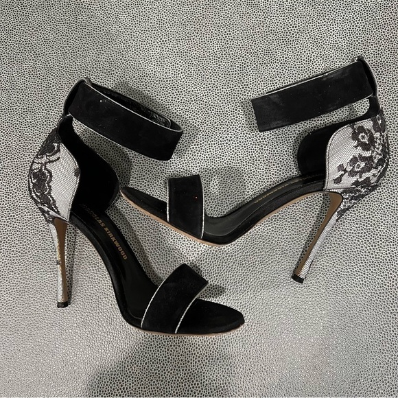 Nicholas KIRKWOOD 🖤 black suede, lace & silver 4 in. strappy heels EUC size 35 - Picture 3 of 14